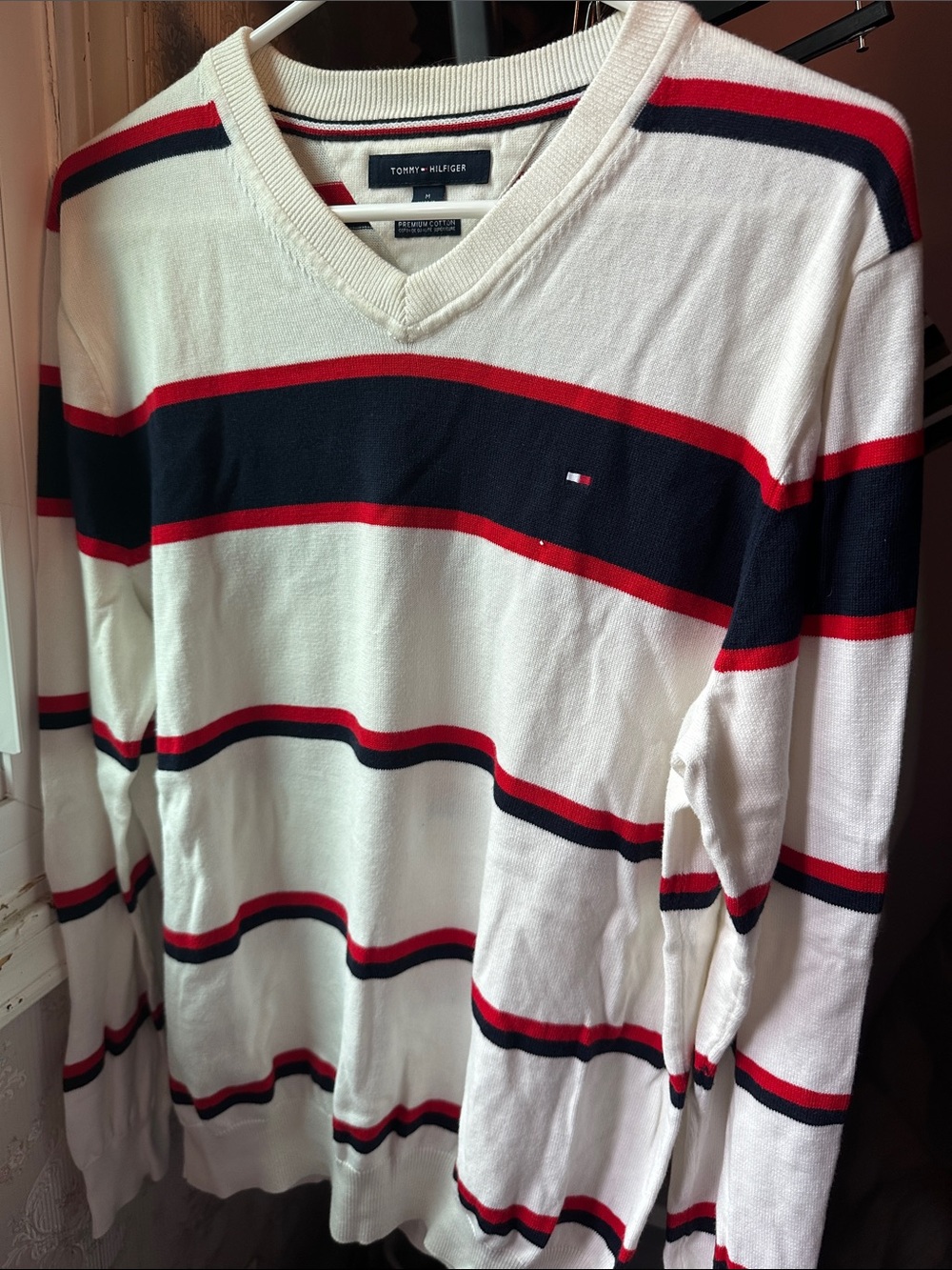 Tommy Hilfiger White V-Neck Sweater with Red & Navy Stripes